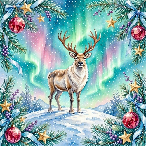 Aurora Reindeer Winter Scene – 1024×1024 Watercolor‑Style Fantasy Illustration