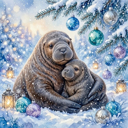 Winter Seal Duo – 1024×1024 Watercolor‑Style Cozy Holiday Scene