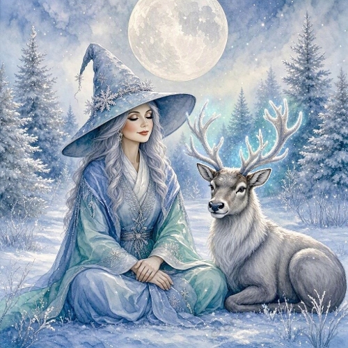Winter Moon Sage & Reindeer – 1024×1024 Watercolor‑Style Fantasy Scene