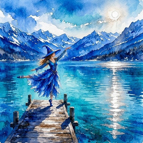 Blue Lake Sorceress – 1024×1024 Watercolor‑Style Fantasy Mountain Scene