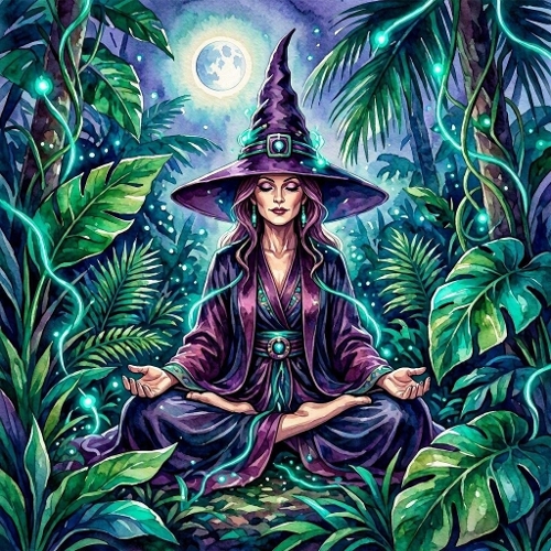 Tropical Moon Witch – 1024×1024 Watercolor‑Style Fantasy Jungle Scene