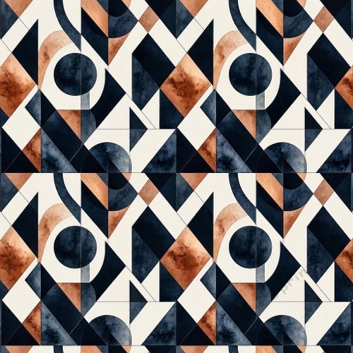 Luxury Masculine Watercolor Geometric Seamless Pattern – Midnight Blue, Copper & Graphite Designer Textile