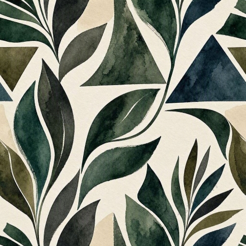 Luxury Masculine Watercolor Geometric Botanical Seamless Pattern – Forest Green, Olive & Petrol Blue Designer Textile 