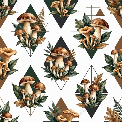 Luxury Masculine Watercolor Mushroom & Geometric Seamless Pattern – Forest Green, Tobacco & Charcoal Designer Textile 