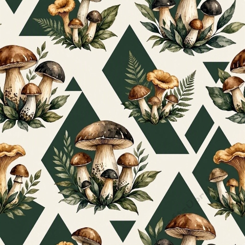 Luxury Masculine Watercolor Mushroom & Geometric Botanical Seamless Pattern – Forest Green, Tobacco & Charcoal Designer Textile