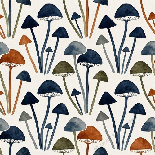 Masculine Scandinavian Watercolor Mushroom Seamless Pattern