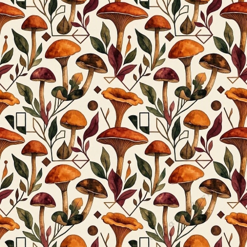 Luxury Masculine Watercolor Mushroom & Botanical Geometric Seamless Pattern