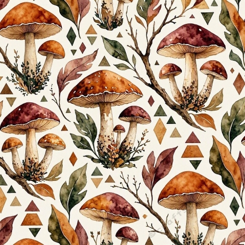 Luxury Masculine Watercolor Mushroom & Botanical Geometric Seamless Pattern – Burnt Orange, Burgundy & Moss Green Designer Textile 