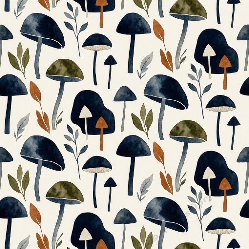 Masculine Watercolor Mushroom & Botanical Seamless Pattern – Midnight Blue, Olive & Rust Designer Textile 