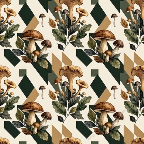 Masculine Watercolor Mushroom & Botanical Geometric Seamless Pattern – Burnt Orange, Moss & Charcoal Designer Textile 