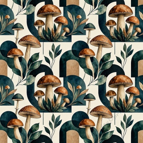 Luxury Masculine Watercolor Forest Mushroom & Geometric Botanical Seamless Pattern – Charcoal, Petrol Blue & Copper