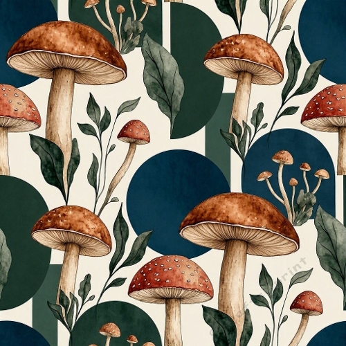 Luxury Masculine Watercolor Forest Mushroom & Geometric Botanical Seamless Pattern