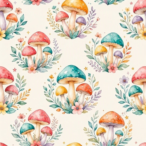 Magical Feminine Watercolor Mushroom & Botanical Seamless Pattern – Pink, Coral, Turquoise & Lavender (