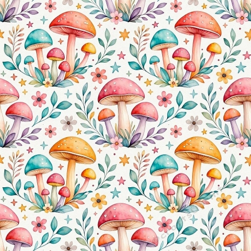 Magical Feminine Watercolor Mushroom & Botanical Seamless Pattern – Pink, Coral, Turquoise & Lavender (