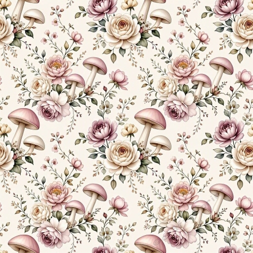 Luxury Feminine Watercolor Floral Mushroom Seamless Pattern 
