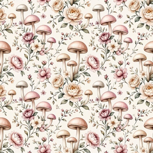 Luxury Feminine Watercolor Floral Mushroom Seamless Pattern