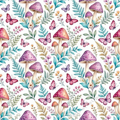 Magical Feminine Watercolor Woodland Mushroom & Butterfly Seamless Pattern – Raspberry, Lilac, Turquoise & Sage 