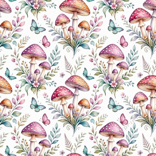 Magical Feminine Watercolor Woodland Mushroom & Butterfly Seamless Pattern