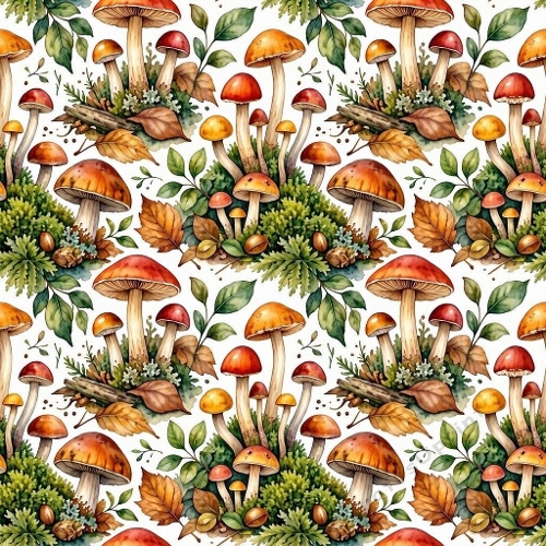 Realistic Autumn Watercolor Forest Mushroom Botanical Seamless Pattern – Copper, Crimson, Golden & Deep Green