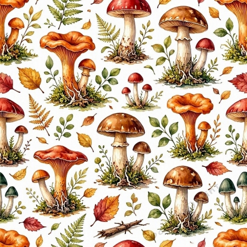 Realistic Autumn Watercolor Forest Mushroom Botanical Seamless Pattern – Copper, Crimson, Golden & Deep Green 