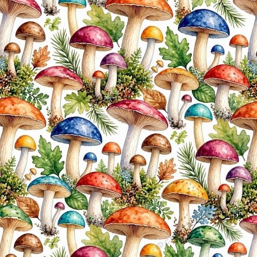 Realistic Jewel‑Tone Watercolor Wild Mushroom Botanical Seamless Pattern – Crimson, Magenta, Cobalt, Turquoise & Emerald 