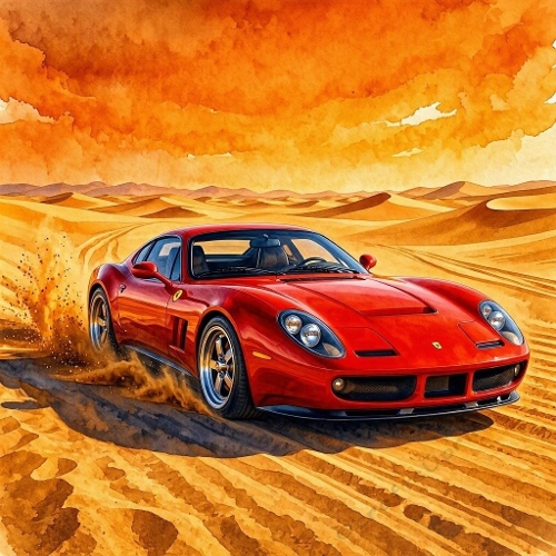 Red Sports Car Desert Watercolor Paper