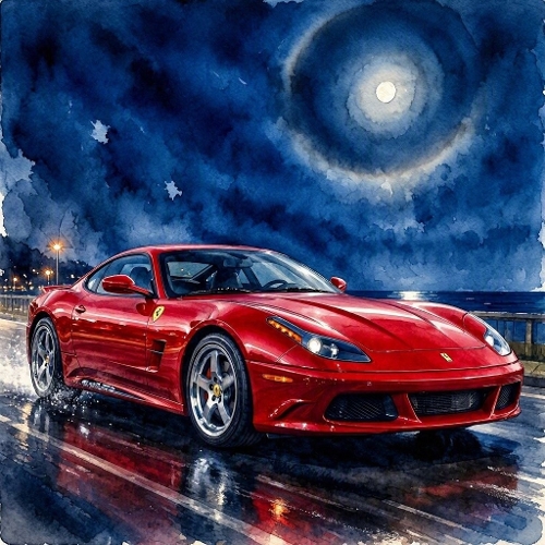 Red Sports Car Moonlight Watercolor Paper