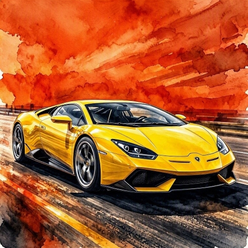 Yellow Supercar Sunset Watercolor Paper