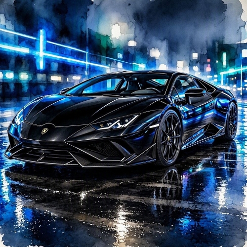 Black Supercar Neon City Watercolor Paper