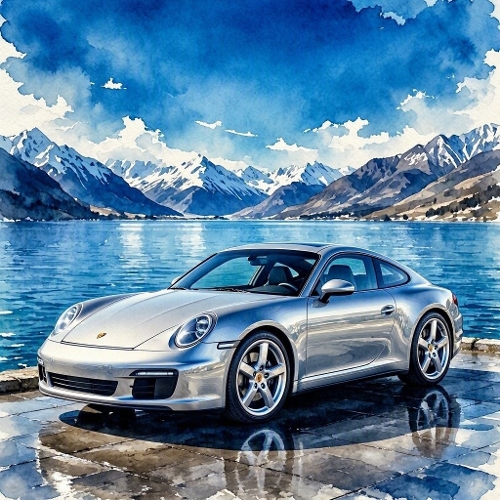Silver Sports Car Alpine Lake Watercolor Paper