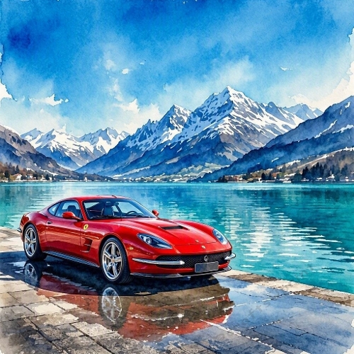 Red Sports Car Alpine Lake Watercolor Paper