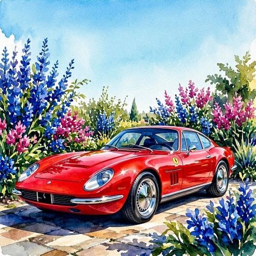 Red Sports Car Flower Garden Watercolor Paper