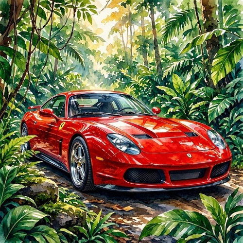 Red Sports Car Jungle Watercolor Paper
