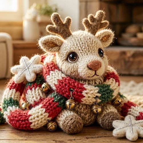 Wool Reindeer Tangled Garland – Chubby Yarn Reindeer, Jingling Bells & Festive Chaos