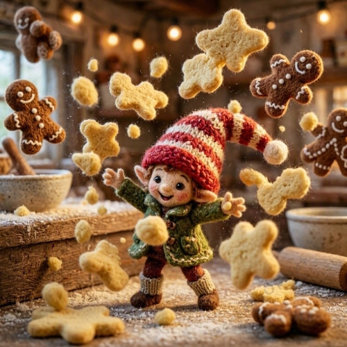 Wool Elf Cookie Explosion – Tiny Yarn Elf, Flying Gingerbread & Festive Bakery Chaos