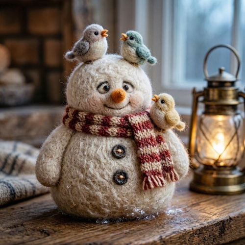 Wool Snowman Meltdown Giggle – Plush Yarn Snowman, Drooping Scarf & Tiny Giggling Birds