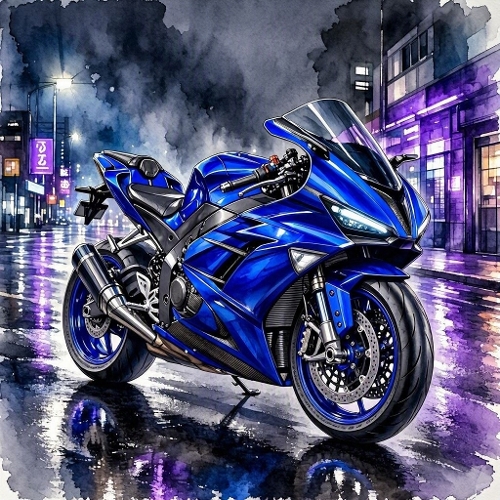 Blue Sport Motorcycle City Watercolor Paper