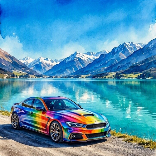 Rainbow Sports Car Lake Mountain Paper