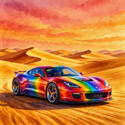 Rainbow Sports Car Desert Sunset Paper