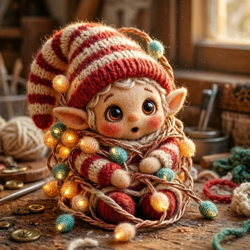 Wool Elf Light‑Tangle Chaos – Tiny Yarn Elf, Crooked Hat & Glowing Festive Lights 