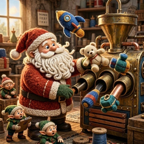 Wool Santa Gift‑Machine Fail – Fluffy Yarn Santa, Plush Gift Explosion & Panicking Elves 