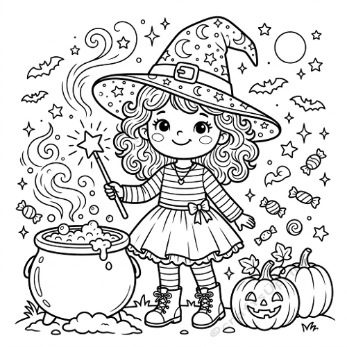 Cute Little Witch Halloween Coloring Page – Chubby Witch, Cauldron & Magical Night