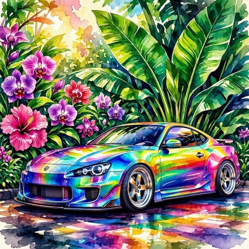 Rainbow Sports Car Tropical Jungle Paper