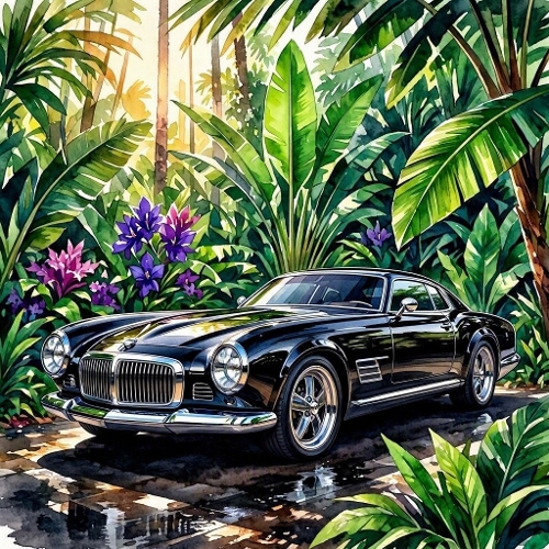 Classic Black Car Tropical Jungle Paper