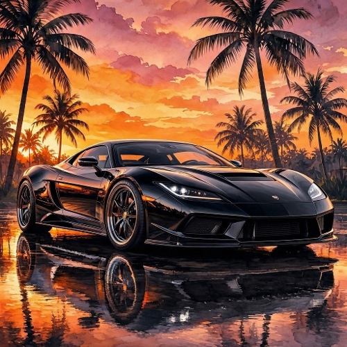Black Supercar Sunset Palm Reflection Paper
