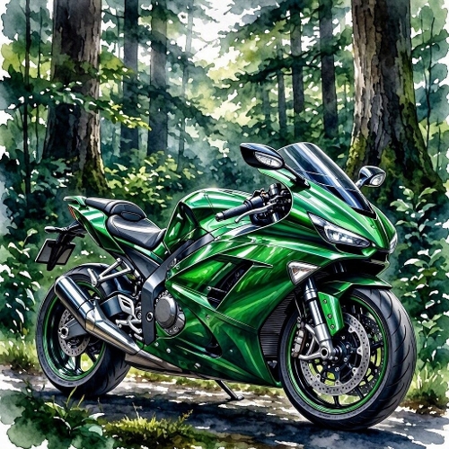 Green Sport Bike Forest Road Watercolor Paper