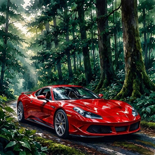 Red Sports Car Forest Road Watercolor Paper