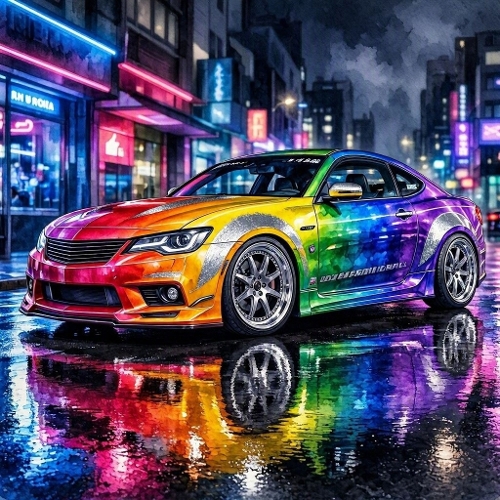 Rainbow Sports Car Neon City Paper