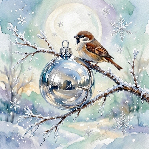 Sparrow Silver Bauble Winter Branch Paper