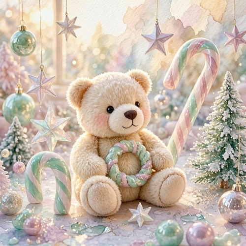 Pastel Christmas Teddy Scene – 1024×1024 Soft Holiday Illustration
